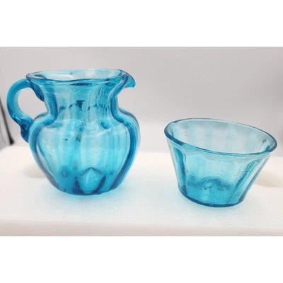 JUEGO DE CREMA DE AZÚCAR AZUL TURQUESA SOPLADO A MANO VIDRIO ARTÍSTICO VINTAGE Foto 1 de 4
