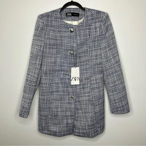 Chaqueta Zara Tweed Azul Botones Mediana Nueva con Etiquetas - Imagen 1 de 4