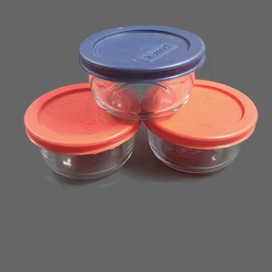 Set of 3 pyrex 7202 Glass Custard Bowls Cups Ramekins 1 Cup 236 mL Red Blue Lids - Picture 1 of 10