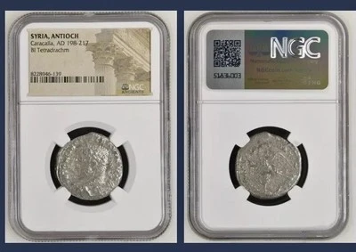 Emperador Caracalla 198-217AD NGC Genuina Antigua Moneda Romana Tetradracma Gladiador Foto 1 de 4