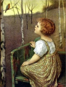 "SPRING SONG" VINTAGE BLIND GIRL ~ ROBIN BIRD TREE GLUCKLICH *CANVAS* ART PRINT  - Picture 1 of 1