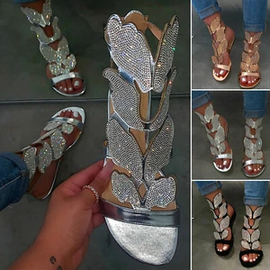 Women's Ladies Fashion Casual Crystal Open Toe Rhinestone Sandals Low Heel Shoes - Picture 1 of 29