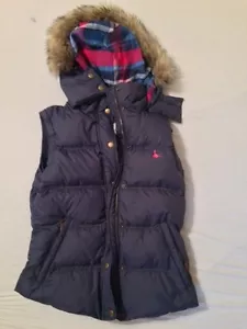 Jack Wills Marineblau Pink Tartan Pelz Kapuze Weste Bodywarmer UK 8 US 4 Eu - Bild 1 von 15