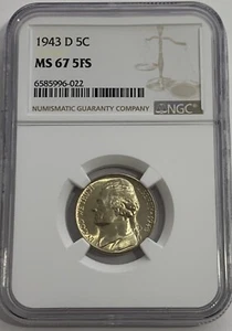 1943 D NGC MS67 5FS SILBER JEFFERSON NICKEL 5C NEUWERTIG MÜNZE FÜNF VOLLE SCHRITTE - Bild 1 von 3