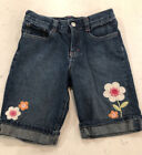 Gmboree Flower Embroidered Applique Denim Five Pocket Cuffed Shorts Bermuda Sz 9