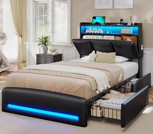 Twin/Full/Queen PU Upholstered Bed Frames&Storage Headboard and 4 Drawers, Black - Picture 1 of 32