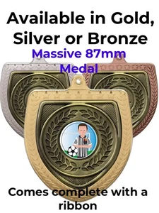 Football Referee Award Large 87mm Medal & Ribbon (B) Engraved Free - Picture 1 of 12