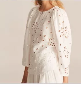 Blusa Rebecca Taylor Talla S Sarah Bordada Lino Algodón Ojales Gardenia - Imagen 1 de 12