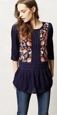 Top Anthropologie Floreat Luana Floral Botón Trasero Caída Cintura Boho Bordado Foto 1 de 4