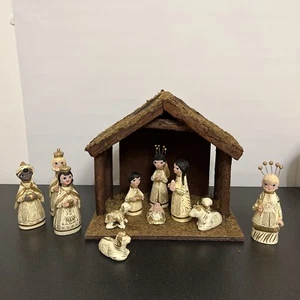 Vintage mexikanische Krippe Volkskunst 13-teilig handbemalt Ton 5" Weihnachtskrippe - Bild 1 von 11
