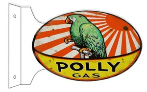 POLLY GASOLINE GREEN PARROT 18" HEAVY DUTY USA METAL DOUBLE SIDED GAS ADV SIGN - Picture 1 of 1