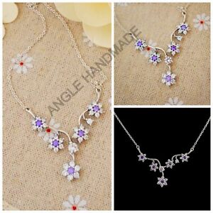 Original 100% S925 Sterling Silver, Forget Me Not Necklace, Purple & Clear CZ