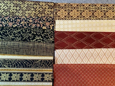 HOFFMAN CALIFORNIA FABRICS Hoffman Metallic Fabric Lot Scraps 10 fat eighths 9" x 21" gold black