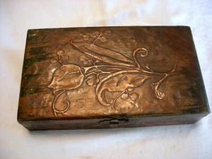 Antique ART NOUVEAU EMBOSSED COPPER COVERED BOX Tulips Stunning! - Picture 1 of 8