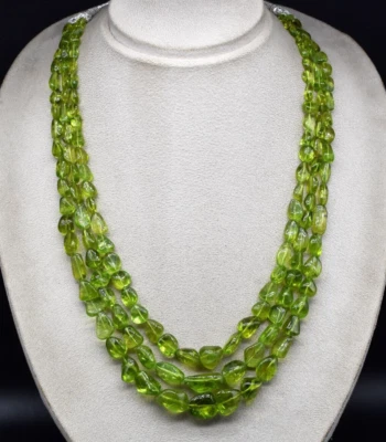 Certified Natural Peridot Necklace 663 Ct Tumble Beads Drilled Gift For Her - Image 1 of 4
