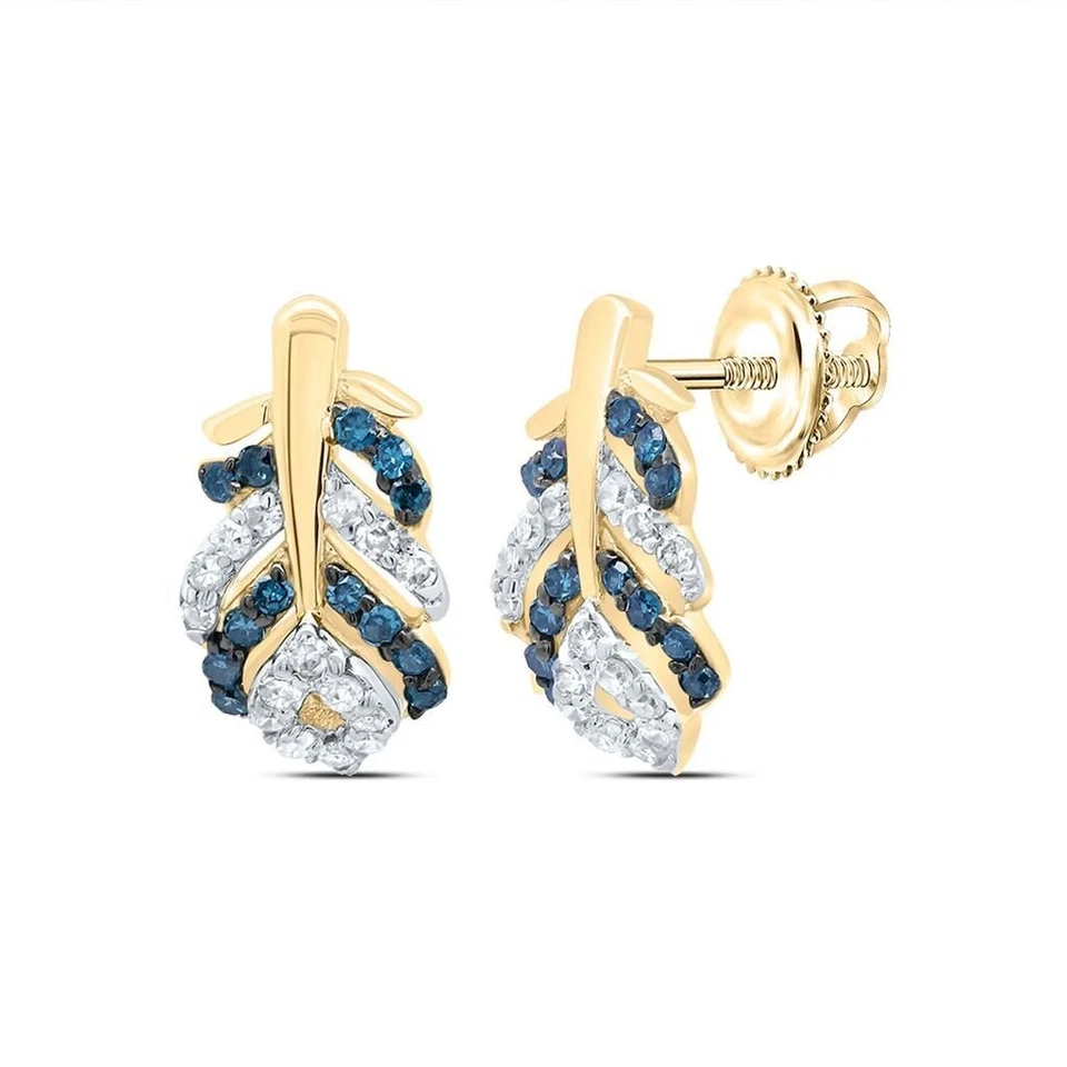 Aretes de oro amarillo de 10 quilates para mujer con diamantes azules pluma de pavo real 1/6CTW Foto 1 de 1