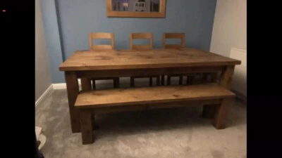 Solid Wood Dining Table Chairs Bench Rustic Large - Image 1 of 4