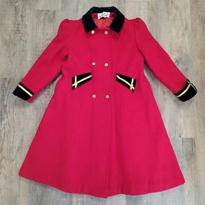 Spoiled Bebe Girls 14 Wool Blend Coat Red Navy Velvet Trim A Line Vintage *read - Picture 1 of 14