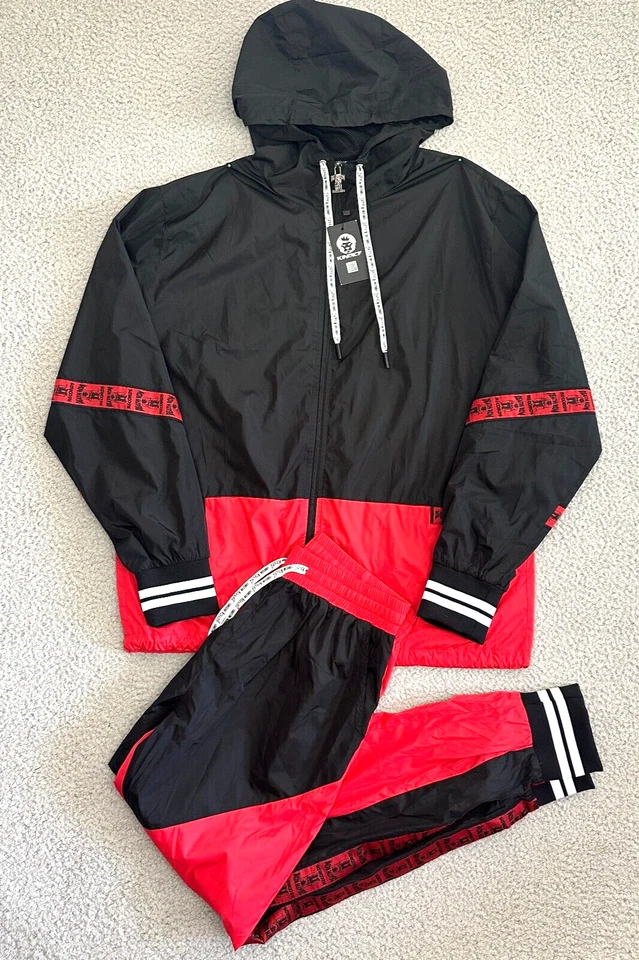 Death Road Records Track Suit Mens Nylon Windbreaker Parachute Red Black Hooded - Image 1 of 4