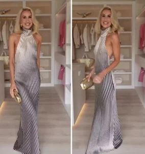ZARA NEW LONG HALTER STRIPED SATIN DRESS BLACK WHITE M 3142/009 NWT - Picture 1 of 7