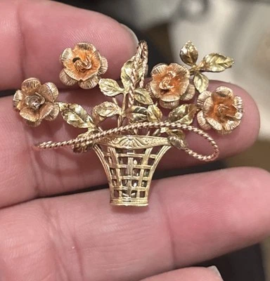 Vintage Krementz Signed flower basket brooch Yellow &  Rose Gold Tone - Image 1 of 4