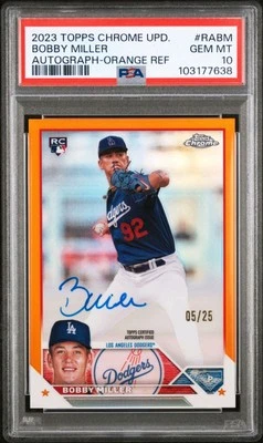 2023 Topps Chrome Update Autographs Bobby Miller Orange Refractor /25 PSA10 GEM - Image 1 of 3