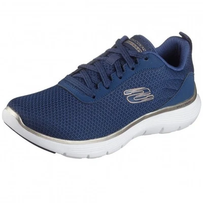 Skechers Flex Appeal 5.0 UPTAKE Womens Mesh VEGAN Trainers Navy/Gold - Image 1 of 4