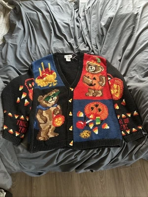 VTG Alexandra Bartlett Eagle's Eye Sweater bear Pumpkin Halloween Candy Corn - Image 1 of 4
