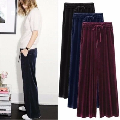 Women Velvet Pleuche Pants Wide Leg Long Trousers Stretch Tie Waist Loose Casual - Image 1 of 4