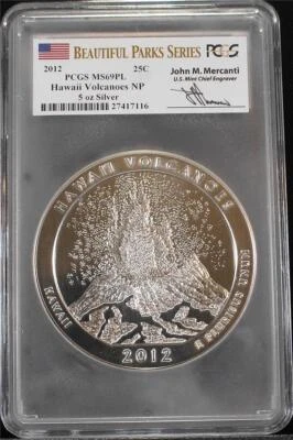 2012 .25C 5 Ounce .999 Silver ATB Hawaii Volcanoes NP PCGS MS69PL Mercanti - Image 1 of 2