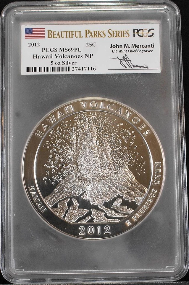2012 .25C 5 Ounce .999 Silver ATB Hawaii Volcanoes NP PCGS MS69PL Mercanti - Image 1 of 2