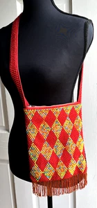 NEW Vintage Red HIPPY BEADED SHOULDER BAG PURSE Fringe Colorful ZIP TOP Boho - Picture 1 of 14