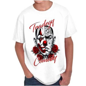 Urban Tragedy Comedy Tattooed Clown Roses Youth Crewneck T Shirts Boy or Girl - Picture 1 of 7