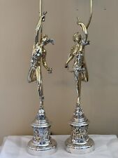 Flying Mercury Fortune Statue Silver Plate Figural Lamp Pair