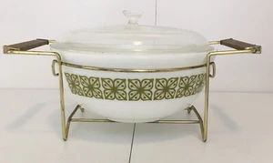 Vintage Pyrex Glas Rührschüssel 404 Quadrat Blumen Verde Grün 4 Quart mit Ständer - Bild 1 von 9
