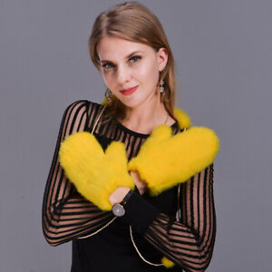 Women's Real Mink Fur Gloves Knitted Warm Wrist Stretch Mittens Sleeves W String