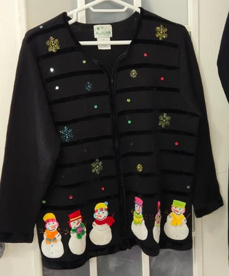 Quacker Factory  Black Snowman Sweater 1X Embroidered Sequin Beaded Christmas - Image 1 of 4
