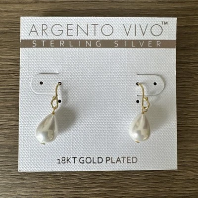 Argento Vivo Freshwater Pearl & Hook Droplet Earrings 18K Gold Plate New - Image 1 of 4