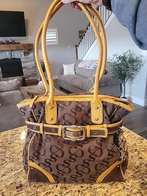 Cartera/bolso de mano Sophia Caperelli de lona marrón con adornos de cuero amarillo seminuevo-med- Foto 1 de 4