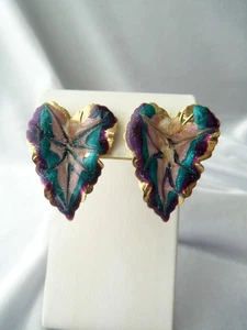 Vintage Multicolor Glitzer Emaille goldfarben gepresstes Metall Weinblatt Ohrringe - Bild 1 von 7