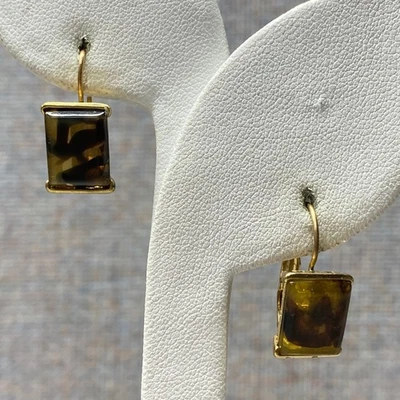 复古莫奈金色杠杆琥珀龟壳悬垂耳环 中世纪 — 第 1/4 张图片