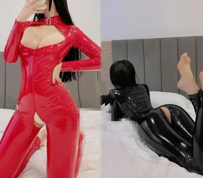 Macacão sexy feminino quente couro sintético – PVC falso látex lingerie bodysuit zíper - Imagem 1 de 4