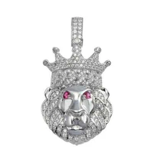 Sterling Silver 925 Crown Lion Pendant With Lab Created Diamonds - Picture 1 of 1