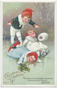 1915 Illustrated Christmas Greetings Postcard - Children Ice Skating - Picture 1 of 2