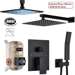 Bathroom Shower Faucet Set Kit Black Rainfall Shower Head Combo with Mixer Valve - Picture 1 of 36