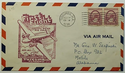 1939 Alabama First Flight AM-40 Tuscumbia to Mobile AL Airmail Cover Suffrage - Image 1 of 2