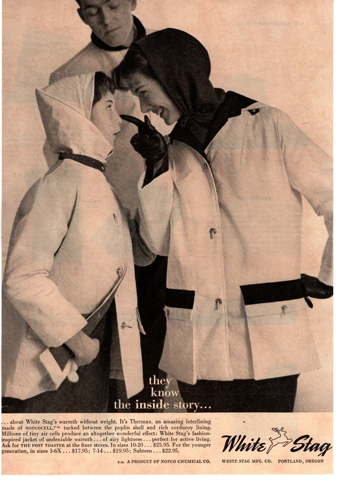 1957 White Stag Perfeito estado. Jaqueta Co. Thermax Nopco Chemical Portland Oregon anúncio impresso - Imagem 1 de 1