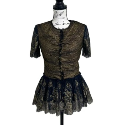 Marchesa Voyage Womens Size 2 Top Blouse Lace Black Gold Whimsigoth Artsy NEW - Изображение 1 из 4