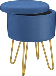 BONTEC Round Velvet Vanity Stool with Storage, Blue Dressing Table Chair with G - Picture 1 of 7