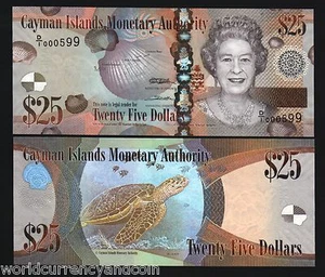CAYMAN ISLANDS 25 DOLLARS P-41 Low Serial # 2010-2011 QUEEN FISH TURTLE UNC NOTE - Picture 1 of 5